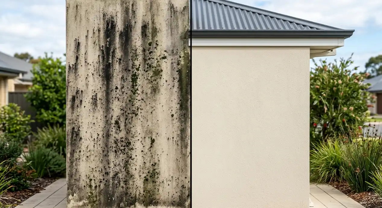 Before and after split image of a rendered exterior wall, showing heavy black mould and lichen buildup on the left side and a clean, restored cream-coloured render on the right after soft washing