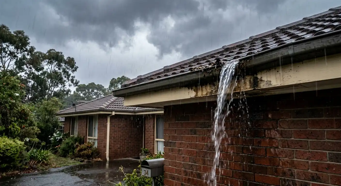 Blocked gutter overflowing during a storm on an Adelaide home, showing water cascading down the brick wall due to storm season gutter cleaning being skipped.