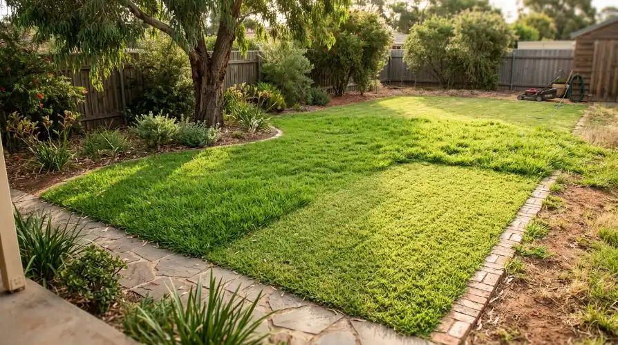 Adelaide backyard lawn zoned with two grass types, buffalo grass in the shaded section and couch grass in the sunnier area, divided by a brick edge path