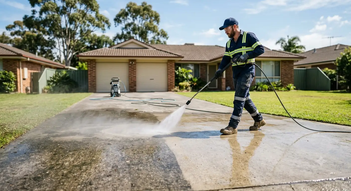 Professional technician pressure cleaning a residential concrete driveway in Adelaide