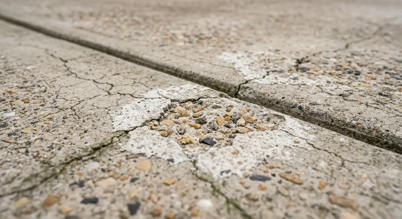 Hairline cracks and spalling on an old concrete driveway showing exposed aggregate
