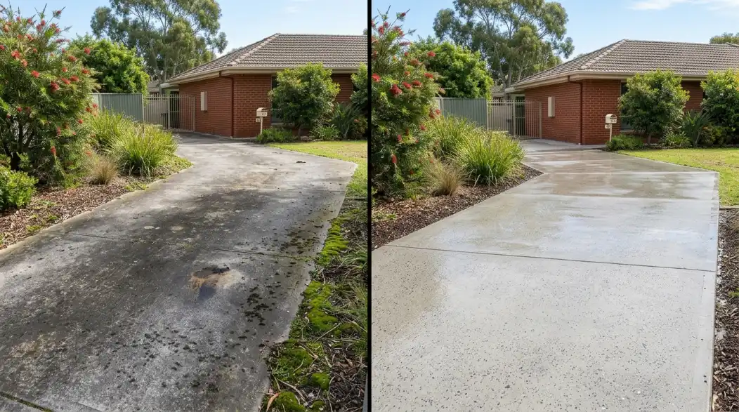 Before and after comparison of a professional driveway clean showing stained concrete transformed to bright clean surface in Adelaide