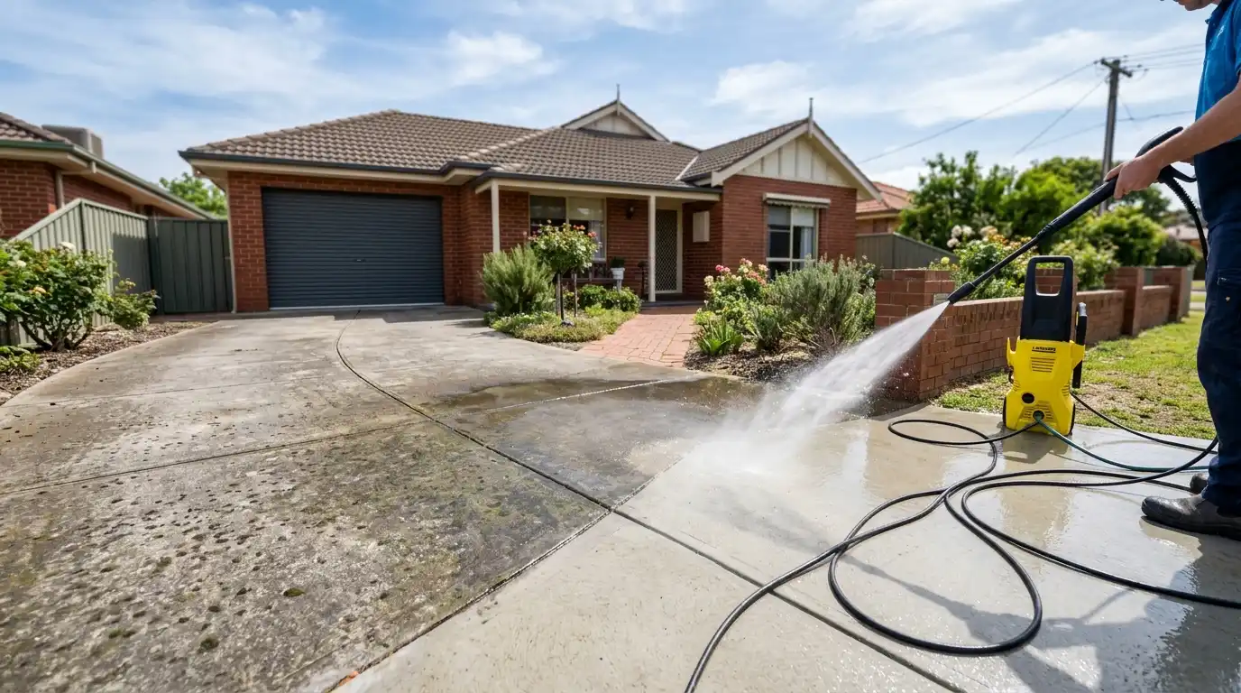 Professional pressure washing a grimy concrete driveway back to clean outside an Adelaide home