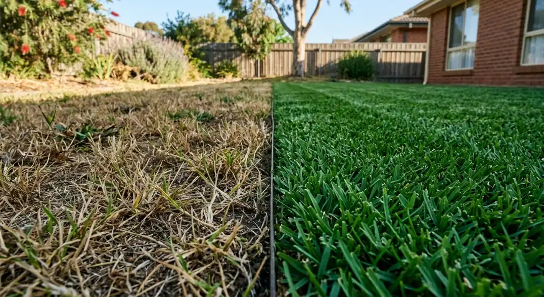 Side-by-side comparison of a dry, patchy lawn and a healthy green lawn showing the effect of correct watering timing in Adelaide's heat