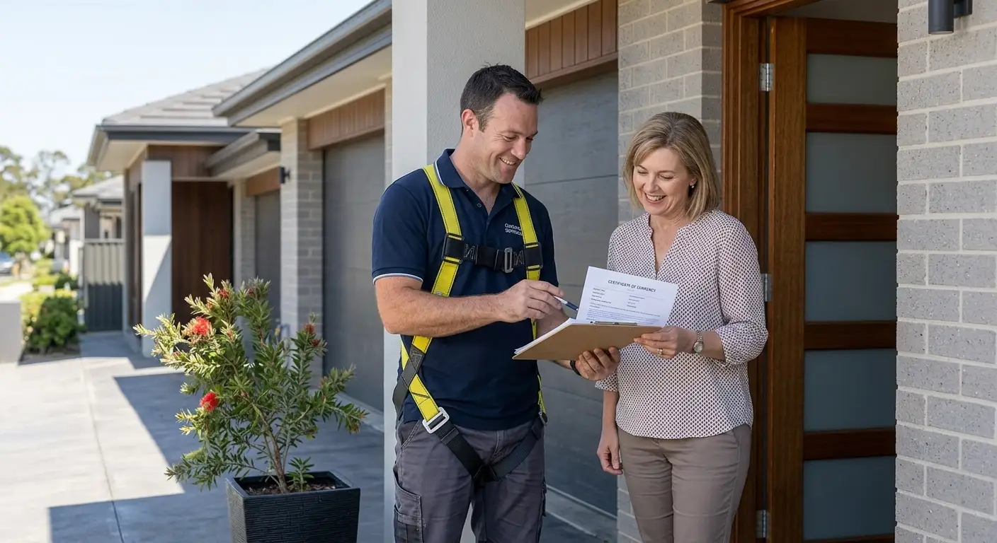 Fully insured cleaner showing a certificate of currency to a homeowner, proving cleaner liability insurance before starting the job