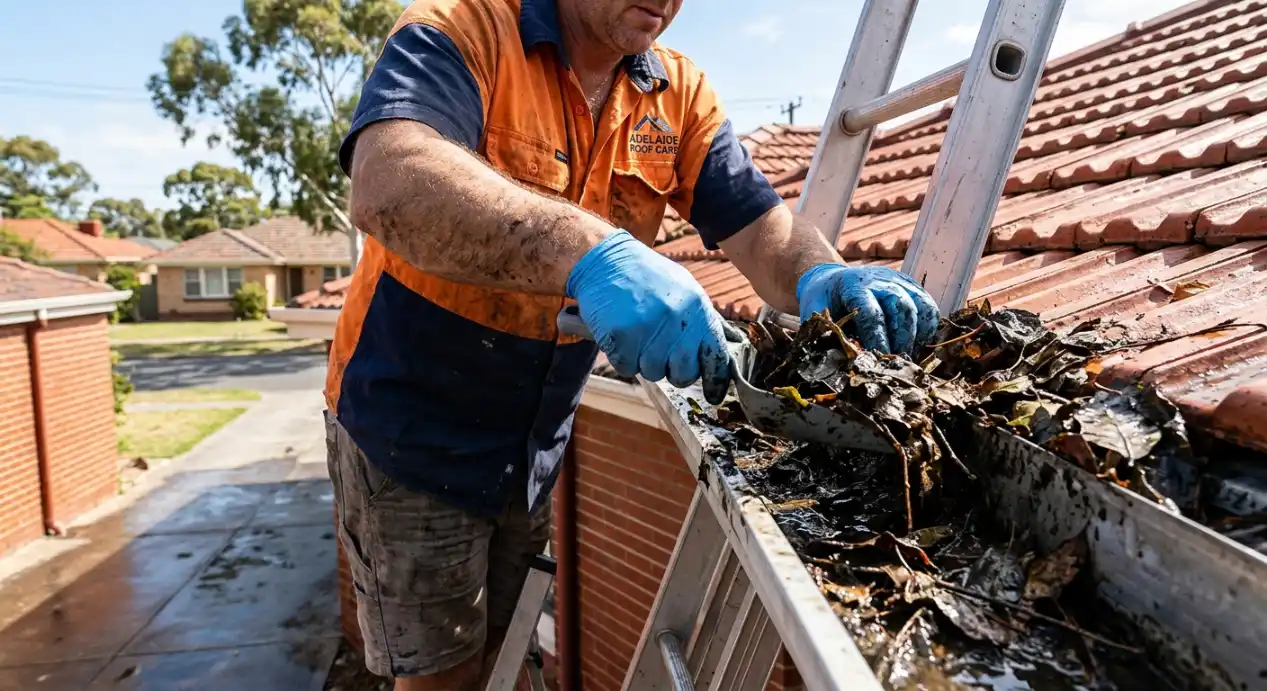 Adelaide gutter cleaning technician removing leaves and debris from a blocked gutter as part of routine gutter maintenance Adelaide homeowners need before storm season