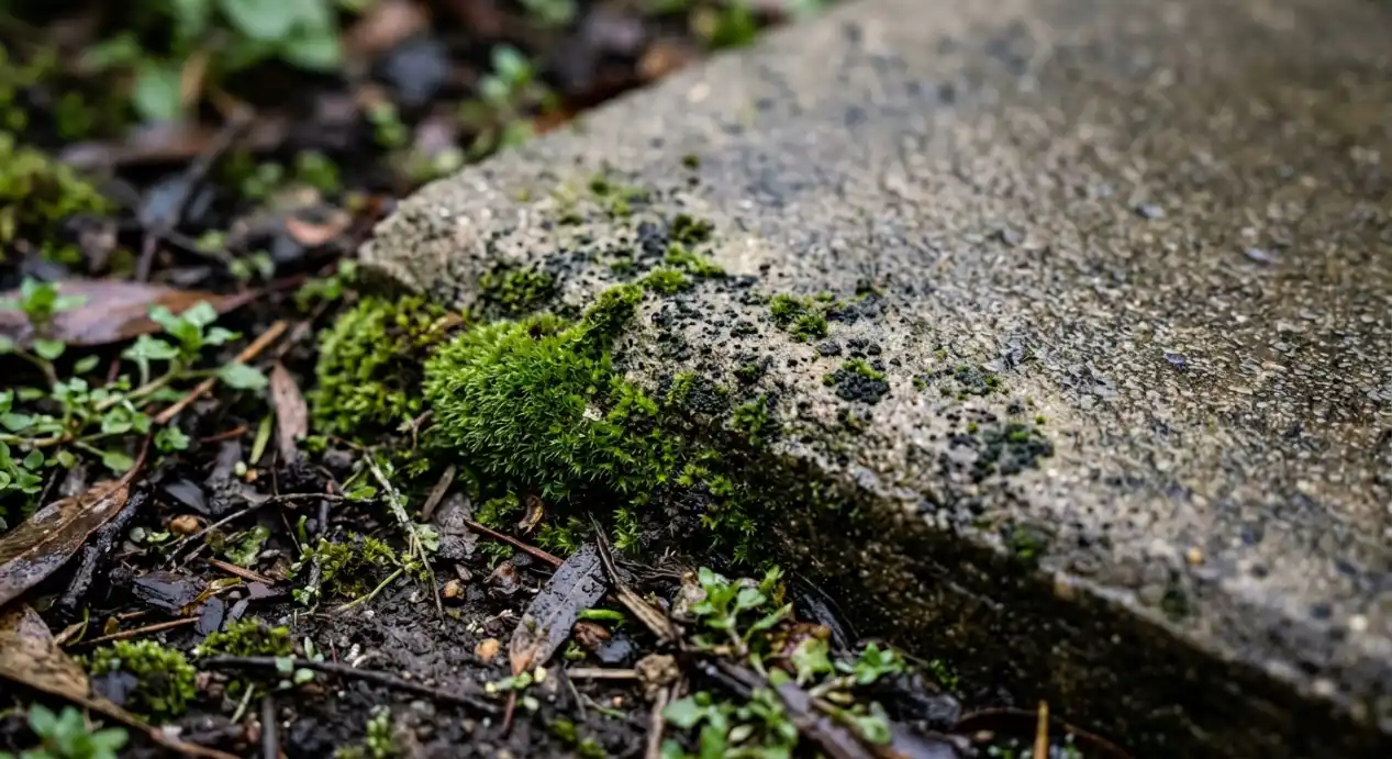 Moss and black algae growing on a shaded concrete driveway edge in Adelaide during the damp winter months