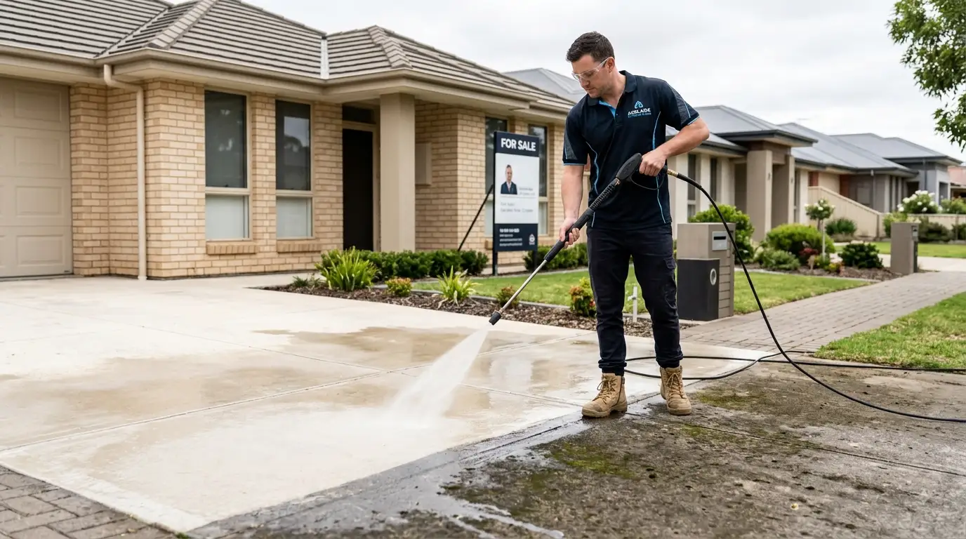 Adelaide pressure washing technician cleaning a driveway before a real estate listing photo shoot