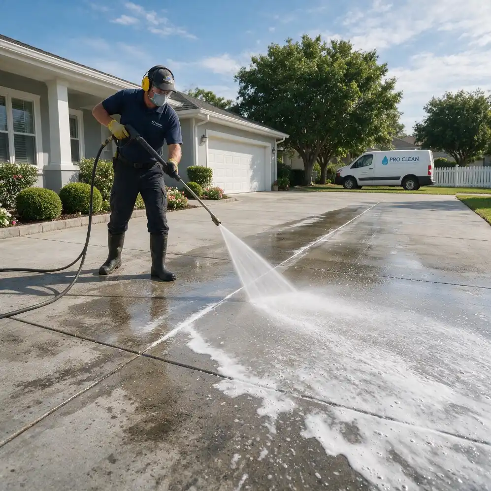 Pressure cleaning expert using commercial equipment to clean an oil-stained concrete driveway outside a Sydney home