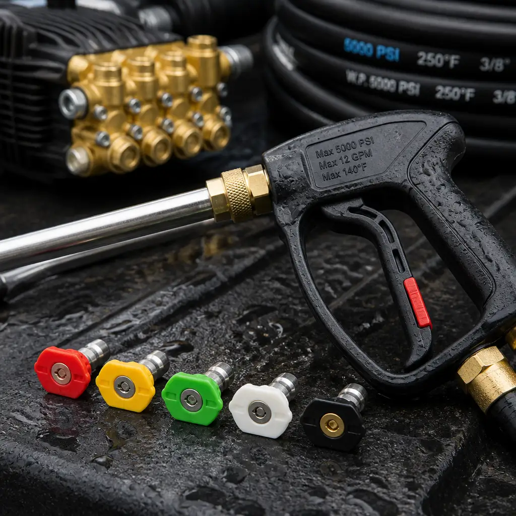Professional pressure washing tools and accessories including a spray gun, pressure washer nozzles, high-pressure hose, and commercial pressure cleaning equipment used for exterior cleaning in Adelaide