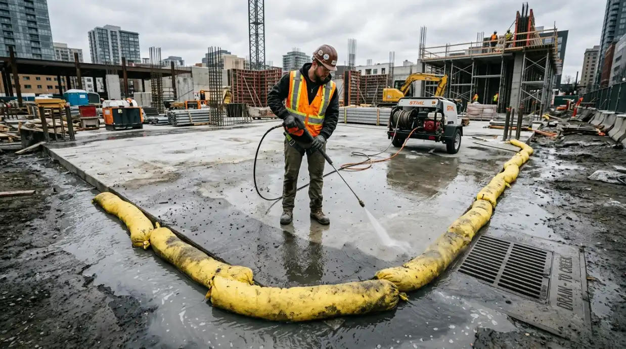 Worker pressure washing a construction site slab with yellow containment socks preventing wastewater from reaching a stormwater drain