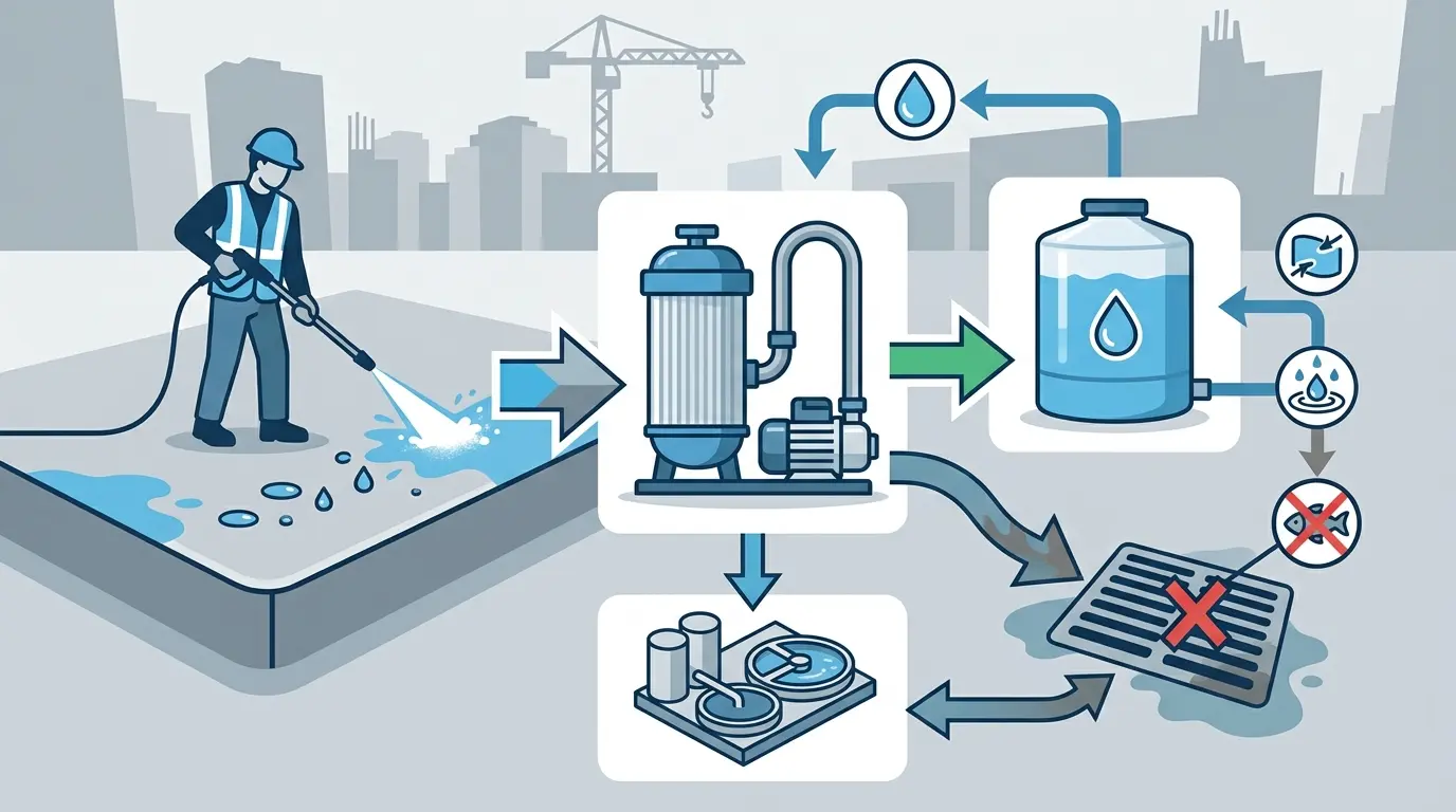 Infographic showing pressure washing wastewater flowing through a filtration and recovery system versus untreated runoff entering a stormwater drain