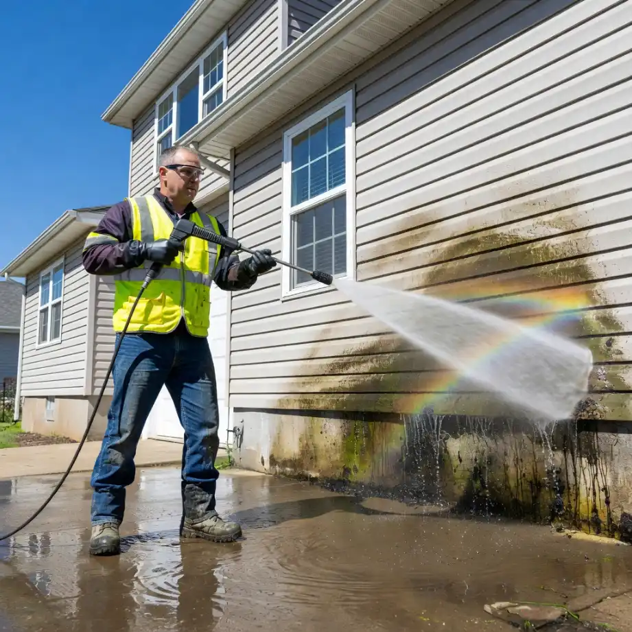 Professional exterior house cleaning technician removing black mould and mildew stains from a rendered building wall