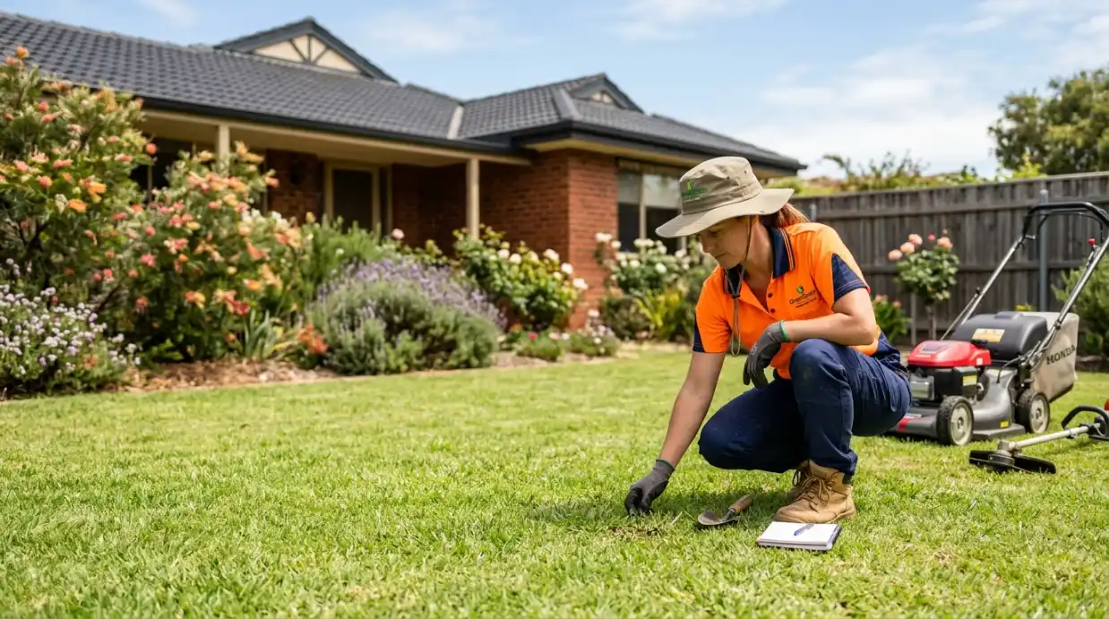 Professional lawn mowing technician inspecting grass health during a lawn care visit in Adelaide
