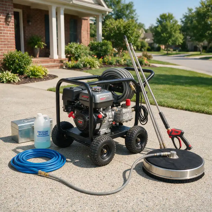 Professional pressure washing equipment including a commercial pressure washer, surface cleaner, hoses, spray wands, and soft wash accessories used for residential exterior cleaning in Adelaide