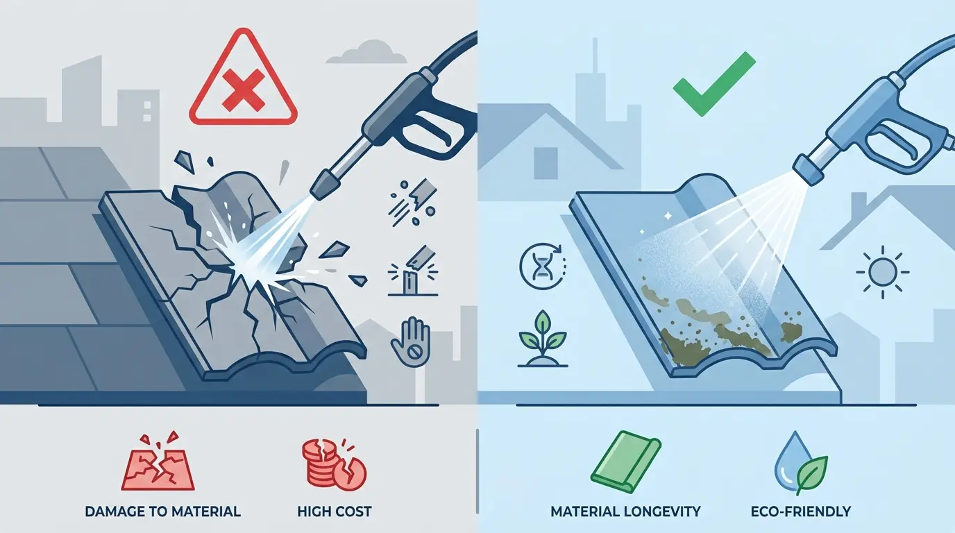 Infographic comparing high pressure roof cleaning that damages tiles versus soft washing that preserves material and is eco-friendly
