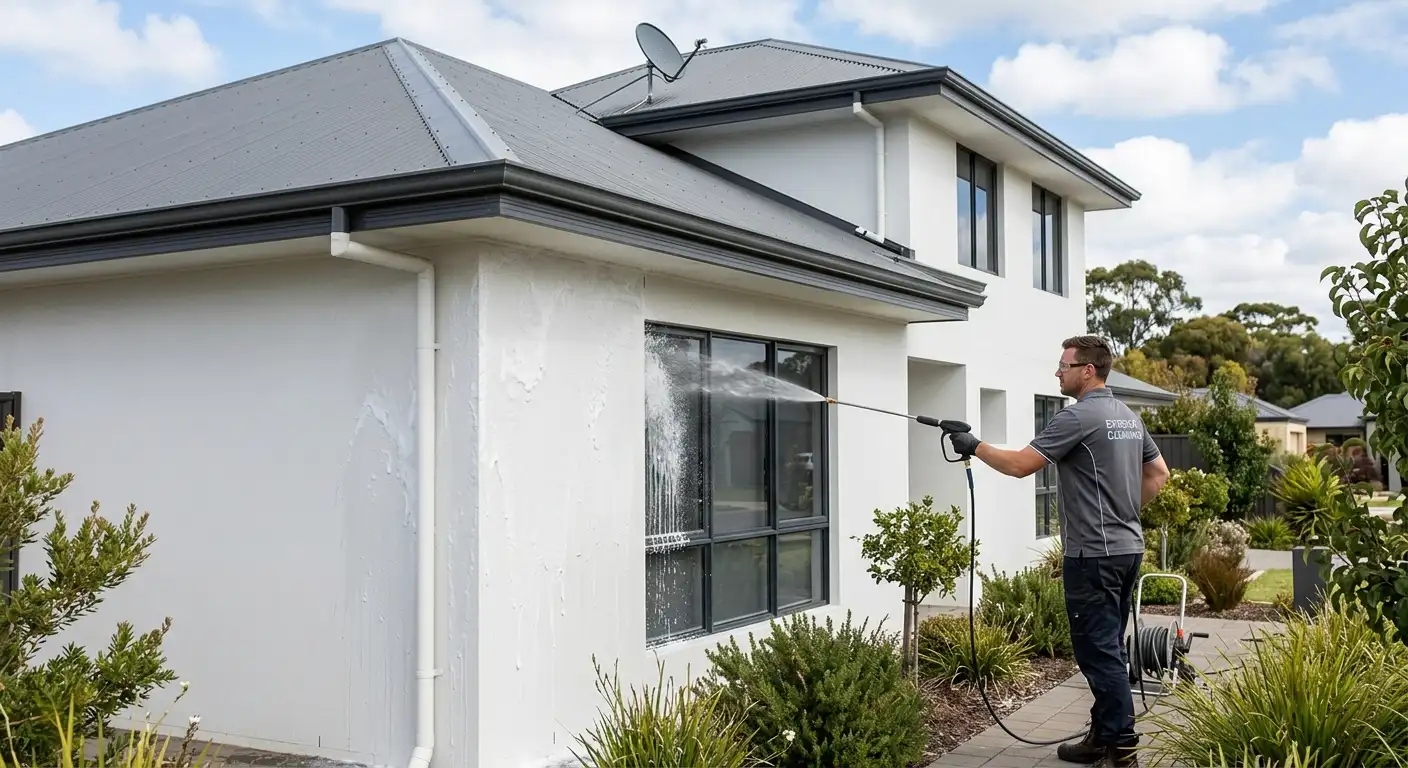 An exterior cleaning technician uses a low-pressure sprayer to apply soft wash solution to the rendered wall and windows of a two-storey white Adelaide home, with foam running down the surface