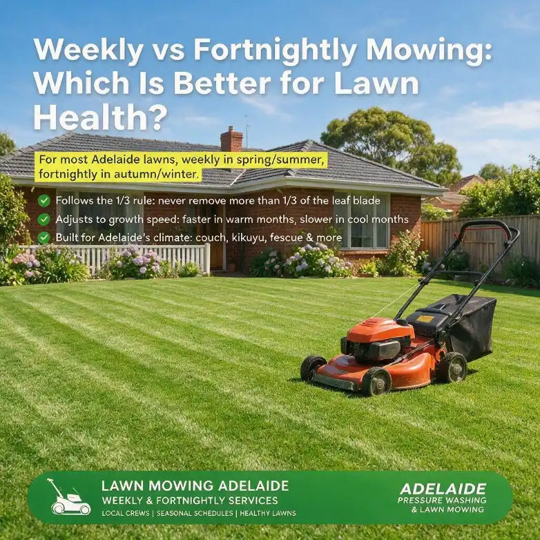 Weekly vs fortnightly lawn mowing comparison graphic showing a mowed Adelaide lawn with mower, illustrating the one-third mowing rule for healthy lawn care