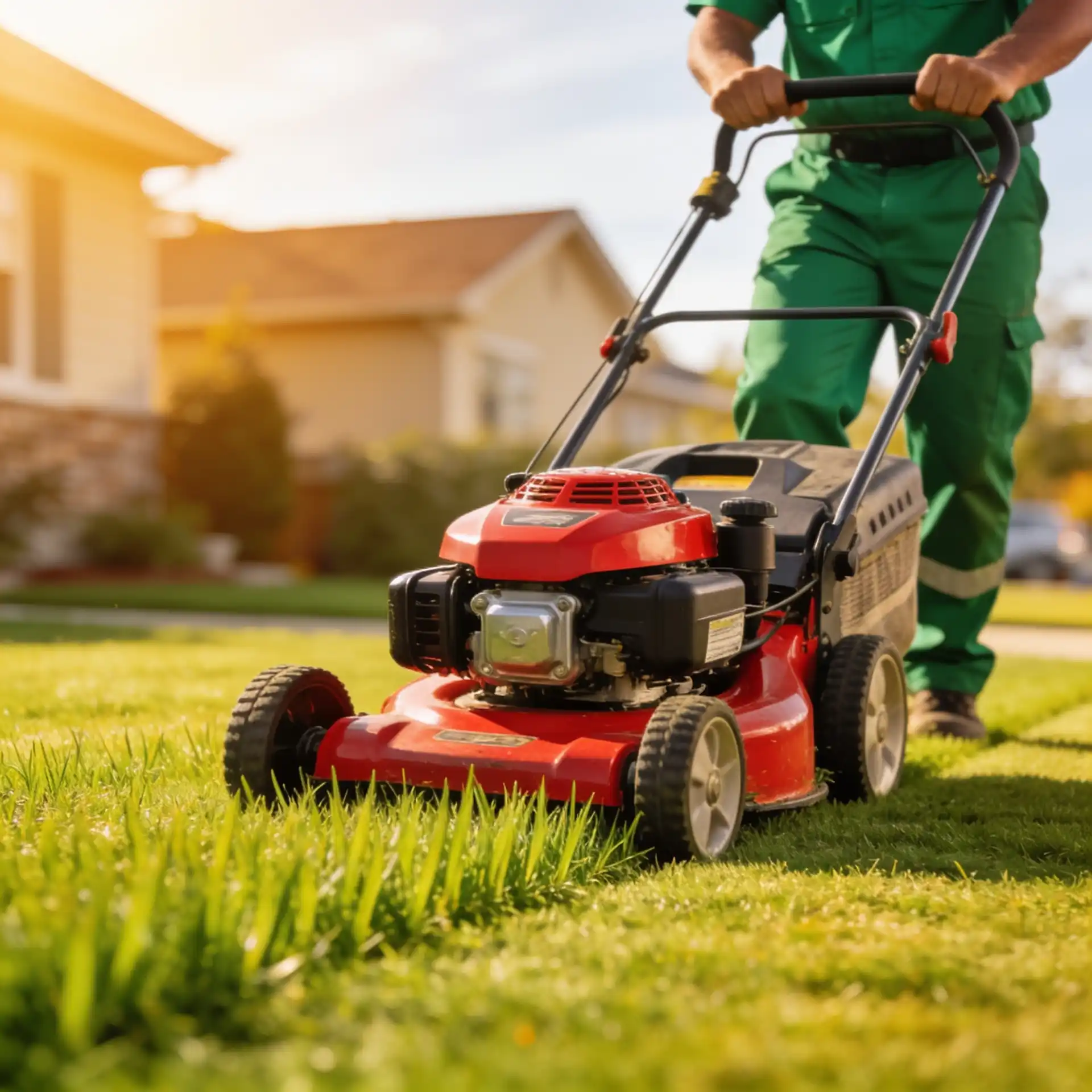 Close-up of a red gas-powered push lawn mower cutting tall green grass in a residential front yard, with a worker in a green uniform pushing it and houses visible in the blurred background.