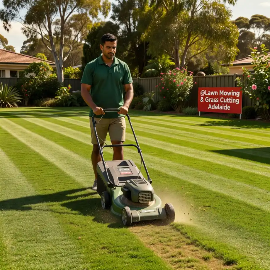 A landscaper in a green polo shirt pushes a mower across a striped lawn in a residential backyard, with a red 'Lawn Mowing & Grass Cutting Adelaide' sign visible among the garden beds in the background.