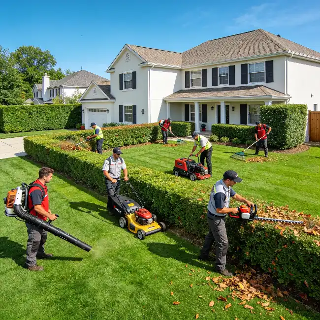 A landscaping crew of six workers services the front lawn of a large white two-story house, using a leaf blower, push mower, riding mower, hedge trimmer, and rakes to mow grass, trim hedges, and clear leaves.