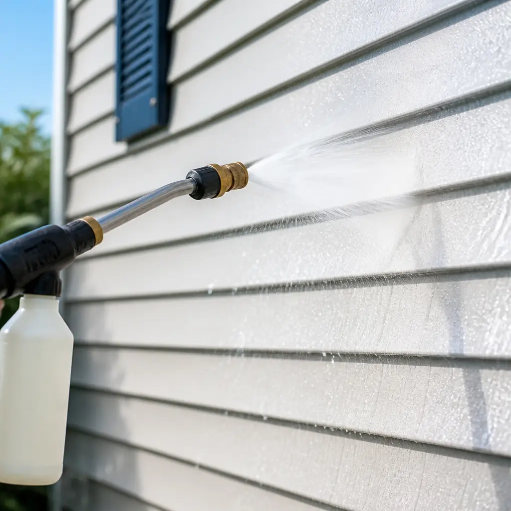 Close-up of a pressure washer wand with soap dispenser bottle spraying a fine mist of water and cleaning solution onto white vinyl siding beside a dark blue window shutter.