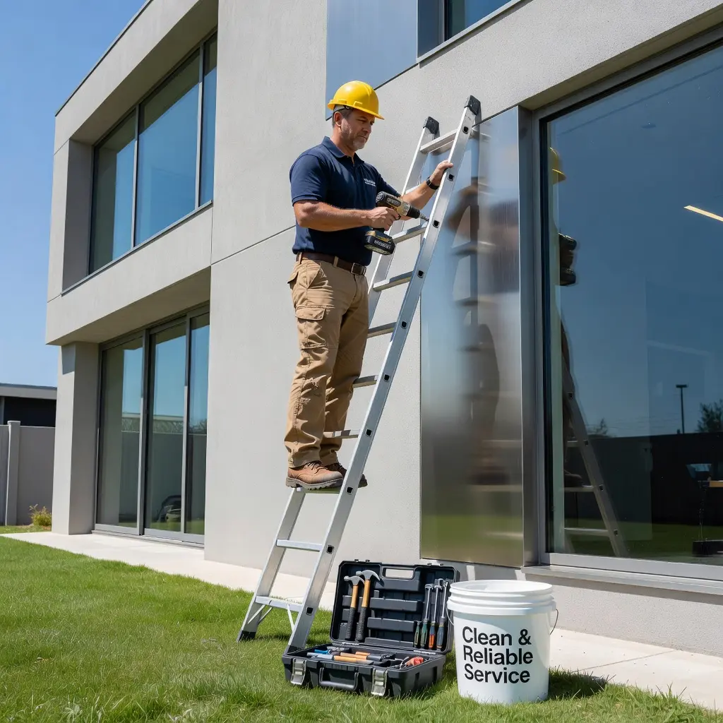 A technician wearing a yellow hard hat and holding a power drill stands on a ladder against a modern gray commercial building, with an open toolbox and a bucket labeled 'Clean & Reliable Service' on the ground below.