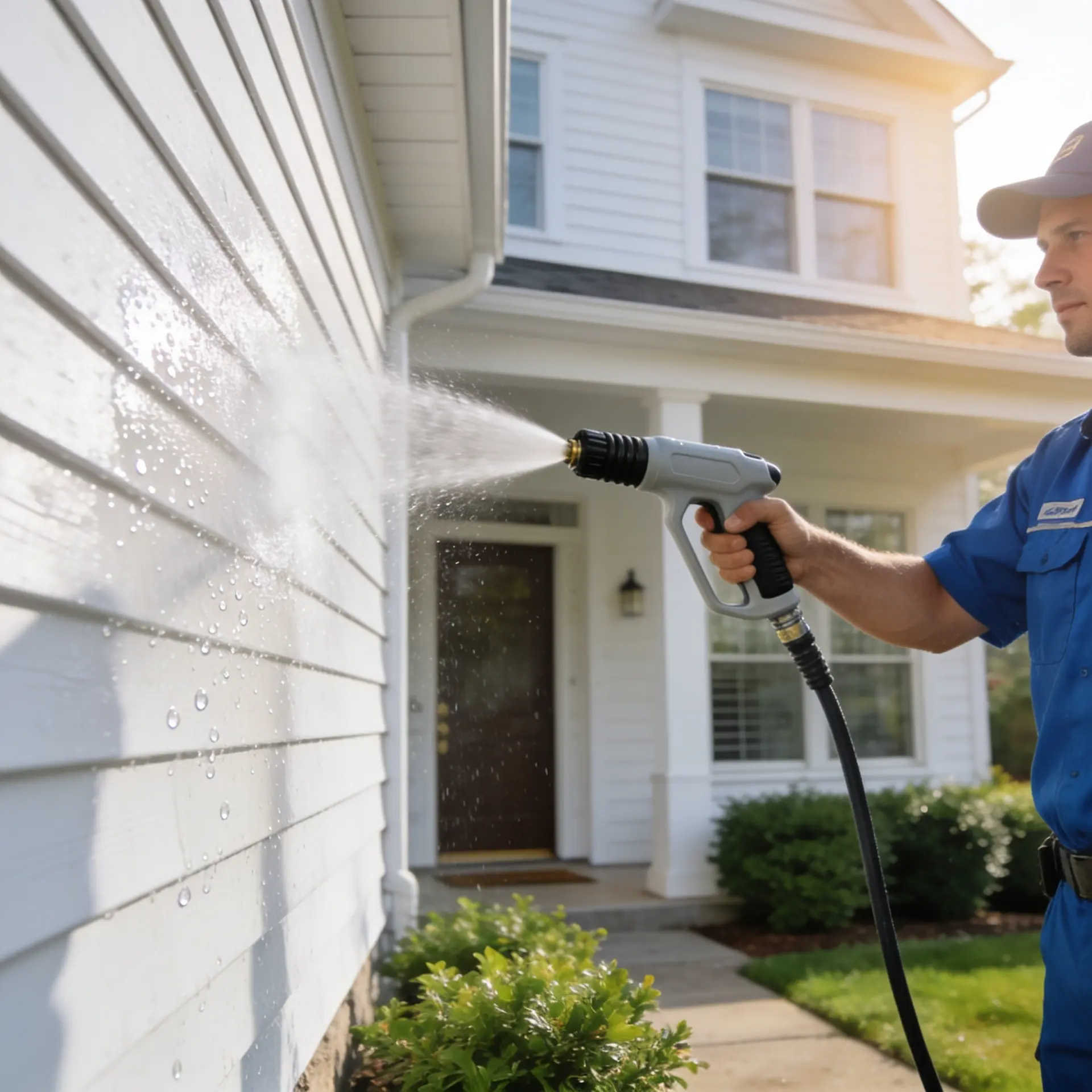 Technician soft washing a rendered house exterior to safely treat mould, mildew and lichen without damaging the surface
