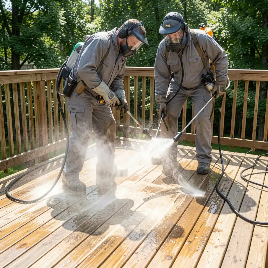 Two workers wearing protective gear including face shields, headphones, and gloves use pressure washers to clean a wooden deck surrounded by a wood railing and trees, with spray misting up around them.